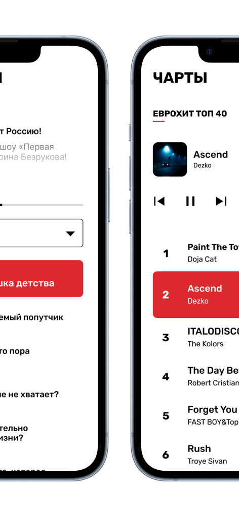 Europa Plus radio app interface displaying the Eurohit Top 40 music charts