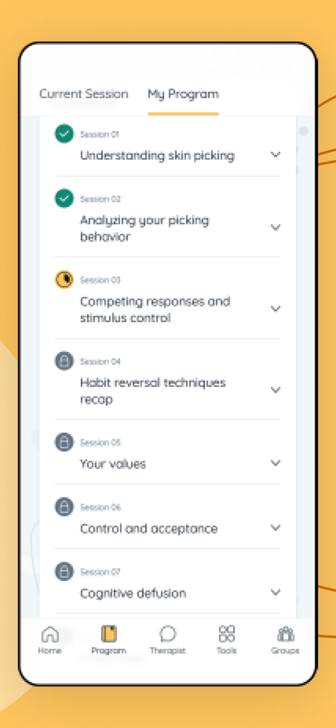 Mobile app interface showing a list of therapy sessions for skin picking recovery in the Skinpick app.