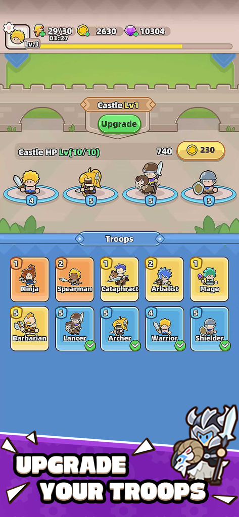 Gear Defenders - Menú del juego móvil Gear Defenders mostrando una variedad de tipos de soldados disponibles para mejorar, incluyendo Ninjas, Arqueros y Guerreros.