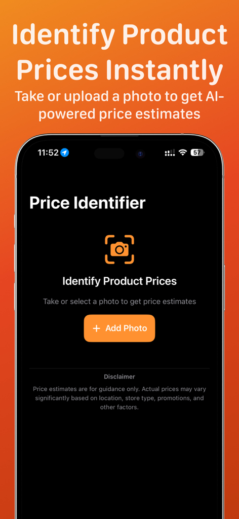 Price Identifier: Scan & Check - The home screen of the Price Identifier app on an iPhone featuring a button to add a photo for AI powered product price estimation.