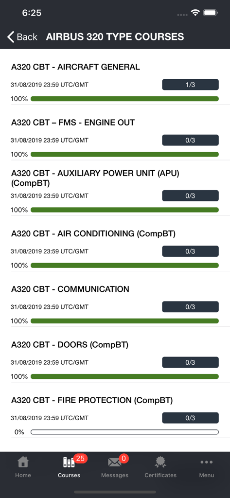 Flyco - Flyco mobile app interface displaying a list of Airbus 320 computer based training courses with progress bars and completion status.