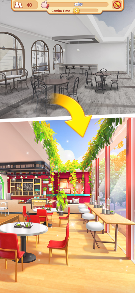 My Restaurant: Cooking Game - Comparación antes y después de un rediseño interior de restaurante con colores vibrantes y plantas