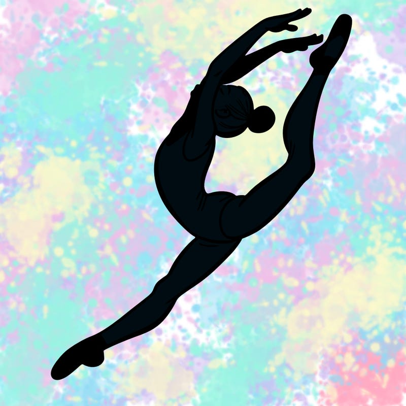 gymnast doing a leap in a leotard with a bent back leg