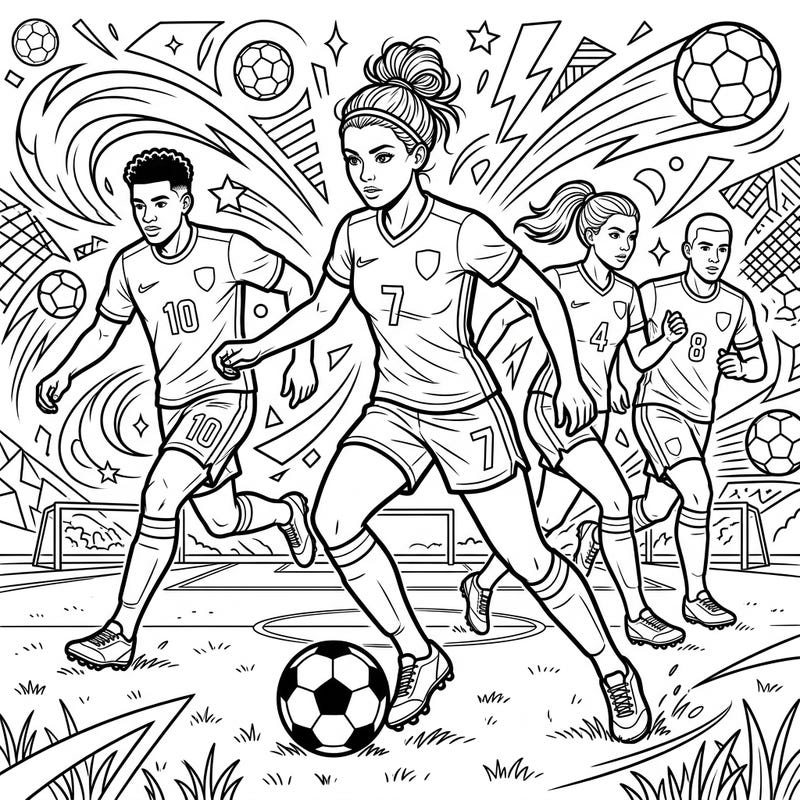 Experience the thrill of the game with this action-packed Dribbling Soccer Players coloring page. Perfect for sports enthusiasts, it captures the energy and skill of athletes on the field, ready for your creative touch.