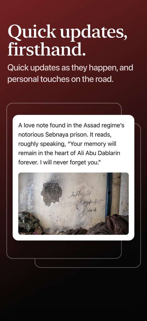 Noosphere: Journalism Direct - Noosphere app interface showing a firsthand journalistic update with a photo of a prison wall message.