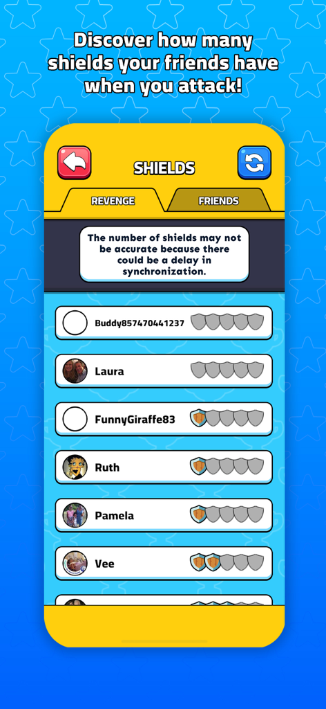 Sticker Trade - In-game screen showing a list of friends and their current shield status for strategic attacks