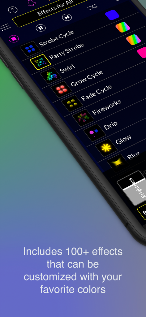 Light DJ Pro for Smart Lights - User interface of Light DJ Pro showing various smart light effects like strobe and fireworks