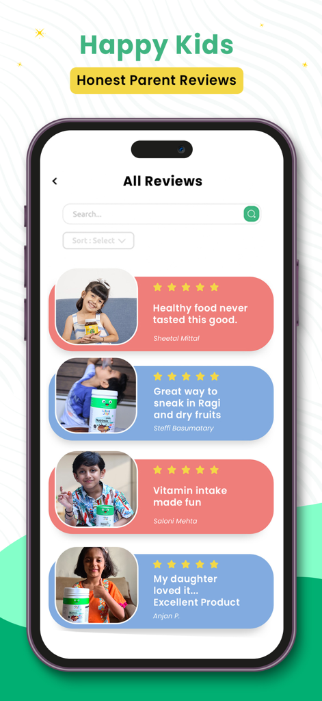 Little Joys: Kids Health App - A mobile app screen titled Honest Parent Reviews showing five-star testimonials and photos of happy children using health products.