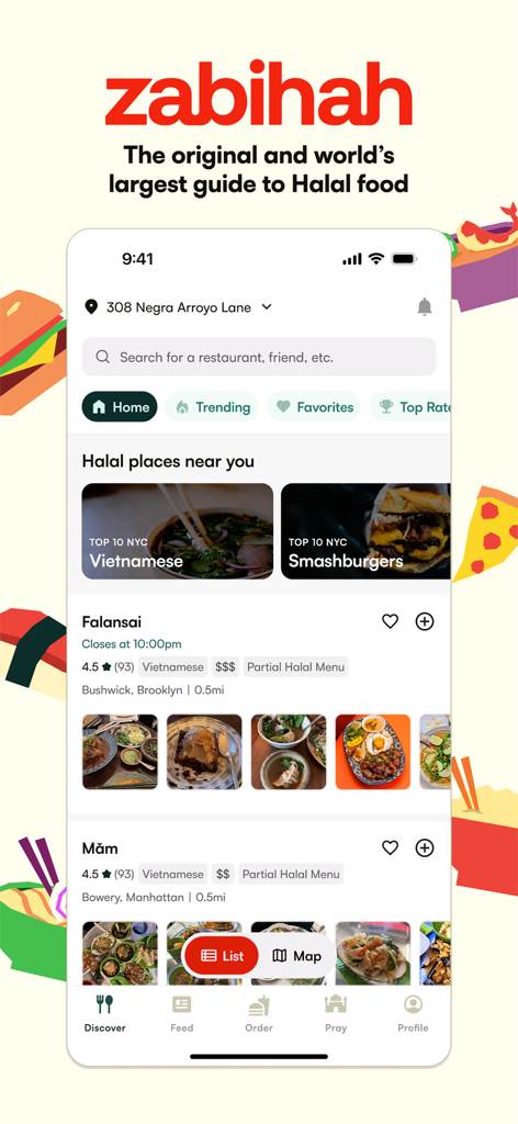 Mobile interface of the Zabihah app showing halal restaurant listings and food discovery features
