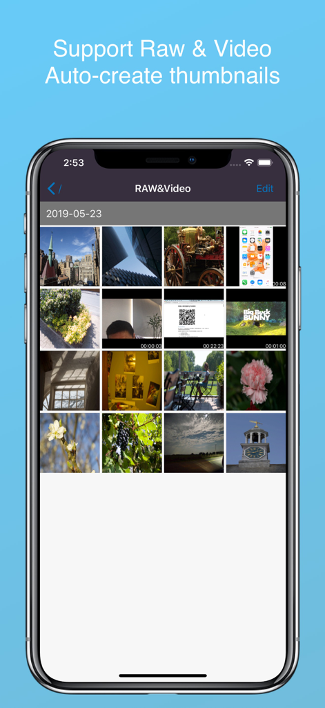 FlashAir Image Share - FlashAir Image Share app gallery displaying RAW photos and videos with automatically created thumbnails