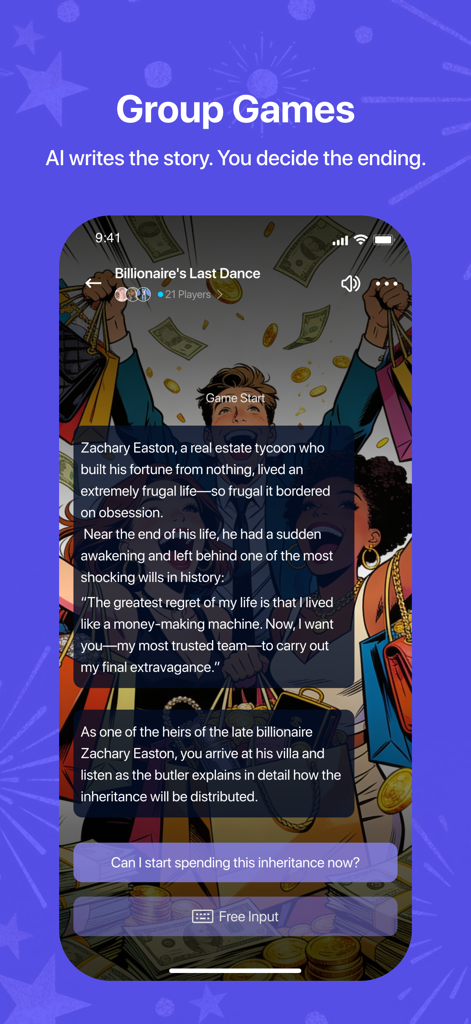 Agnes mobile app screen displaying an interactive AI-written group story game