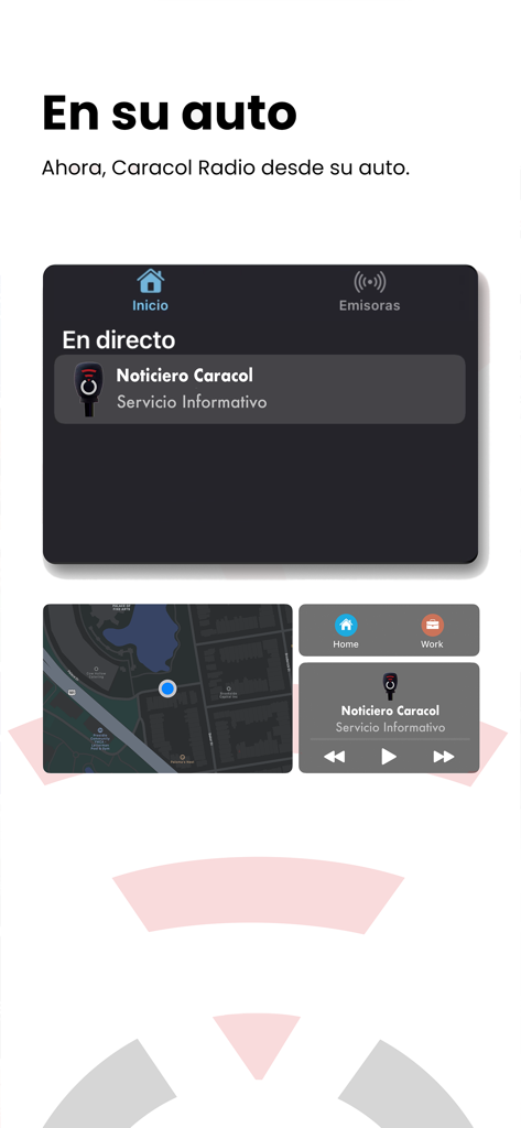 Interfaz de la aplicación Caracol Radio para salpicadero de coche con noticias en vivo y navegación