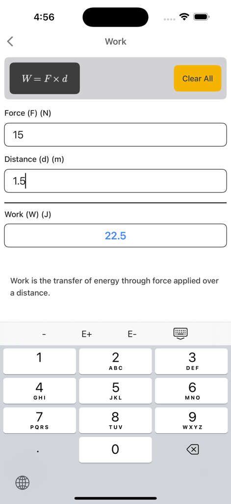 A mobile interface of the Thermal Engineering Calc app displaying a Work calculation formula with input fields for force and distance