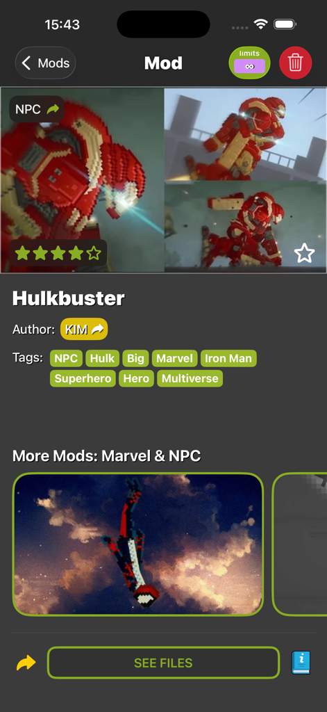 Ragdoll Mods: Guns and Skins - Ragdoll Mods 앱의 헐크버스터 NPC 모드 상세 화면 스크린샷으로, 마블 캐릭터 태그 및 관련 콘텐츠를 보여줍니다.