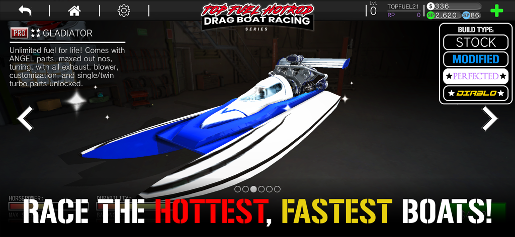 A blue and white Gladiator drag boat displayed in the garage workshop of the Top Fuel Hotrod racing game.