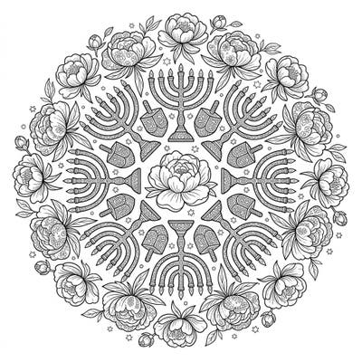 Immerse yourself in the festive spirit of Hanukkah with this unique peony mandala coloring page. Featuring a harmonious blend of lush florals and traditional Hanukkah symbols, it offers a truly engaging creative experience.