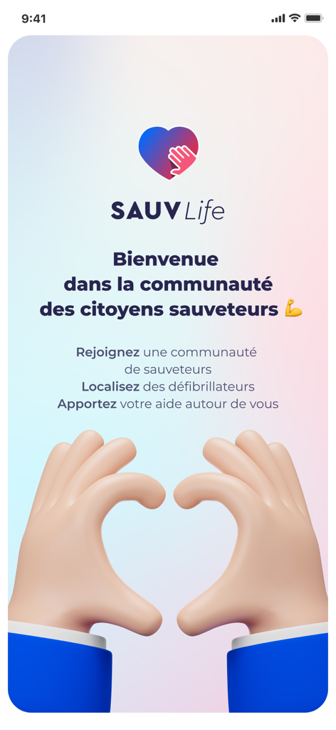 SAUV Life - The welcome screen of the SAUV Life mobile app featuring a heart logo and 3D hands forming a heart shape with text inviting users to join the citizen rescuer community.