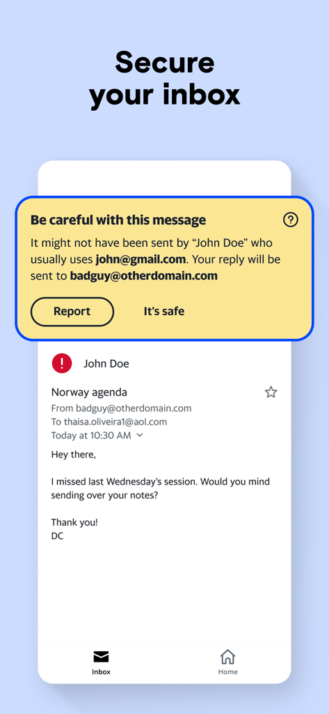AOL Mail, News, Weather - AOL Mail app showing a security alert for a suspicious email sender.
