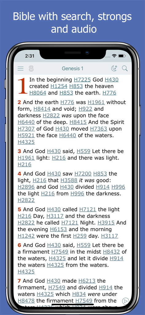 Mobile app interface of Bible and Strong's Concordance showing Genesis 1 with clickable Hebrew lexicon numbers for word study