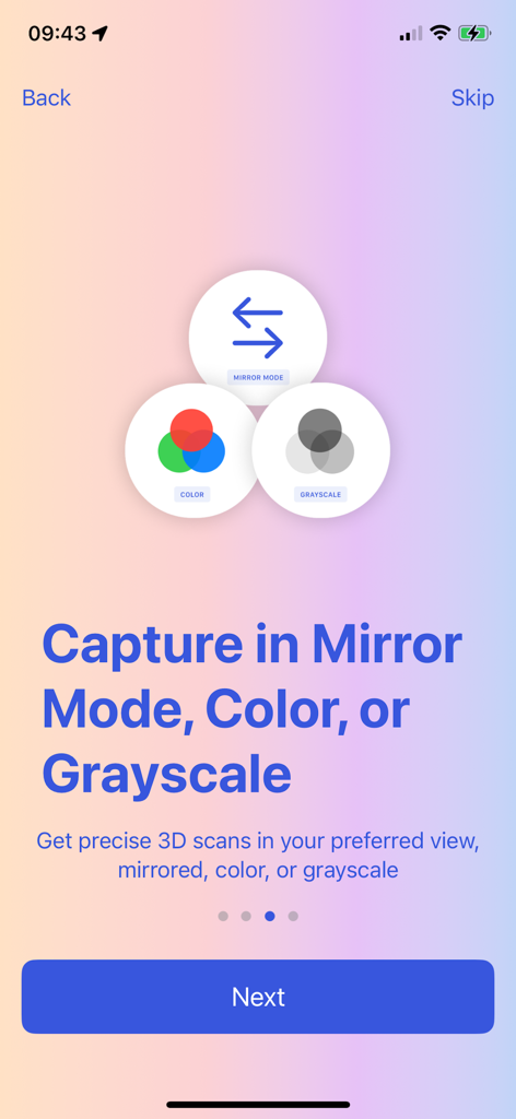 3D-Sidekick - Una pantalla de incorporación de la aplicación 3D-Sidekick que explica las opciones de escaneo en color y escala de grises en modo espejo para ortesis y prótesis.