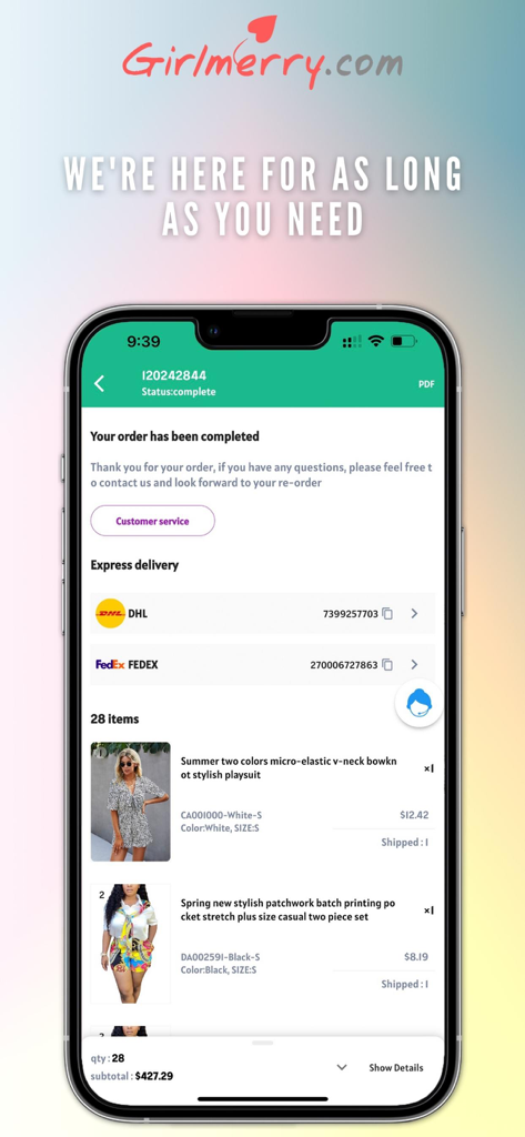 Girlmerry mobile app screen showing a completed wholesale order with shipping tracking and item details for a boutique owner