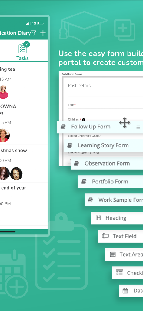 OWNA Childcare App - Benutzeroberfläche, die den benutzerdefinierten Formulargenerator für Berichte und Beobachtungen von Kinderbetreuungspädagogen zeigt