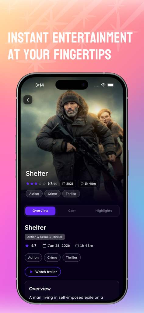 HotMiniDrama - Movies & TV - Captura de tela do aplicativo HotMiniDrama mostrando detalhes do filme de um thriller de ação intitulado Shelter, incluindo avaliações e um botão para assistir ao trailer