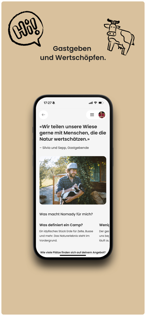Nomady app screen showing a private host profile with a man holding a goat and text about nature camping
