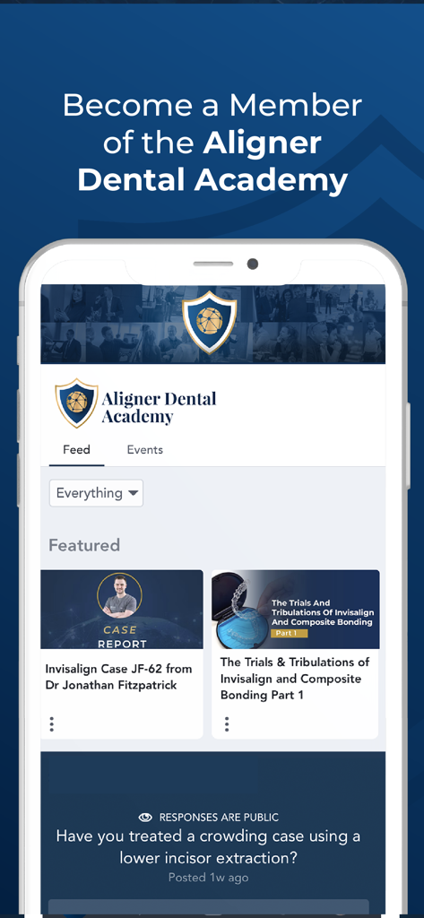 Aligner Dental Academy - Aligner Dental Academy mobile App-Oberfläche, die klinische Fallberichte und Diskussionen in der professionellen Community für Zahnärzte anzeigt.