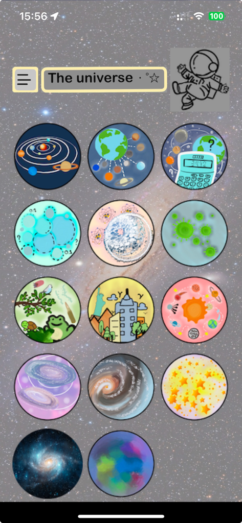 Main menu of the Universe Object Star Magnitude app showing a grid of icons representing different scales of the universe from atoms to galaxies.