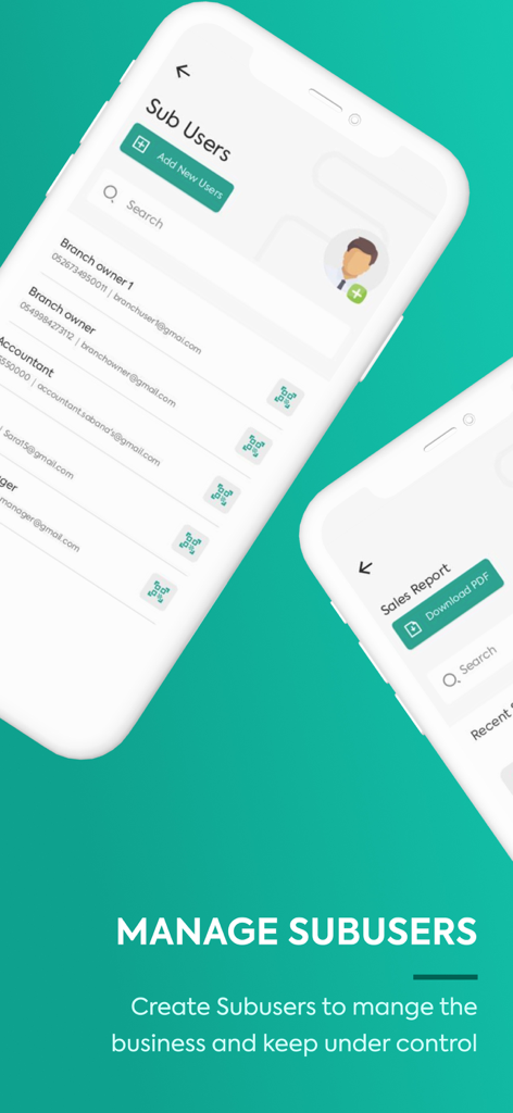 Oberfläche der Foloosi Business App zur Verwaltung von Unterbenutzern und zur Anzeige von Umsatzberichten.