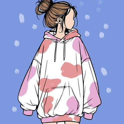 realistic girl with a oversized sweatshirt on and a bun
