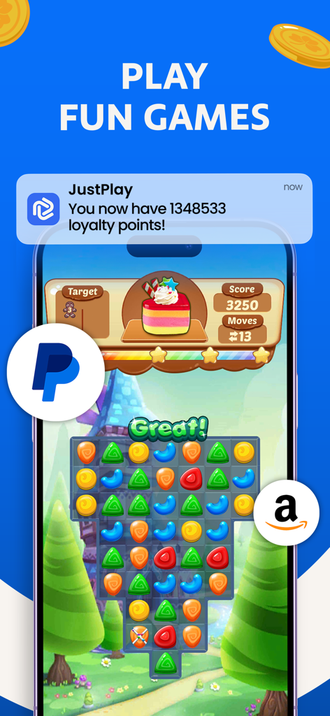 Mobile screen showing JustPlay puzzle game with a loyalty points notification and PayPal and Amazon reward logos.