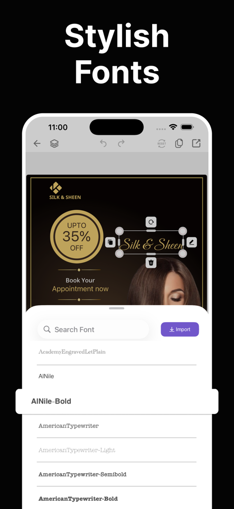 Uma interface de aplicativo móvel para AI Poster Maker mostrando um menu de seleção de fontes com várias opções de tipografia estilosa para um anúncio de salão.