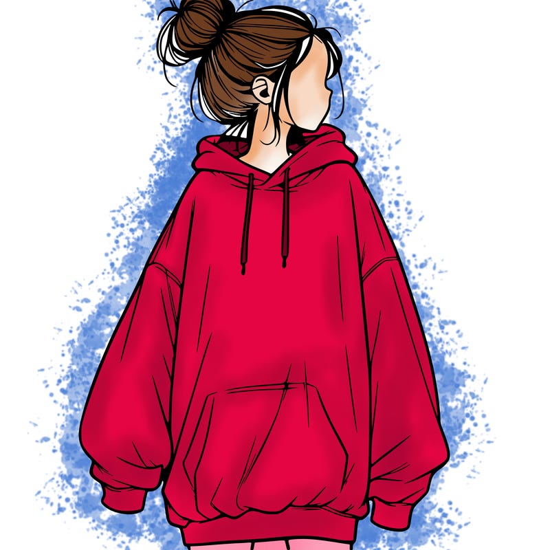 realistic girl with a oversized sweatshirt on and a bun