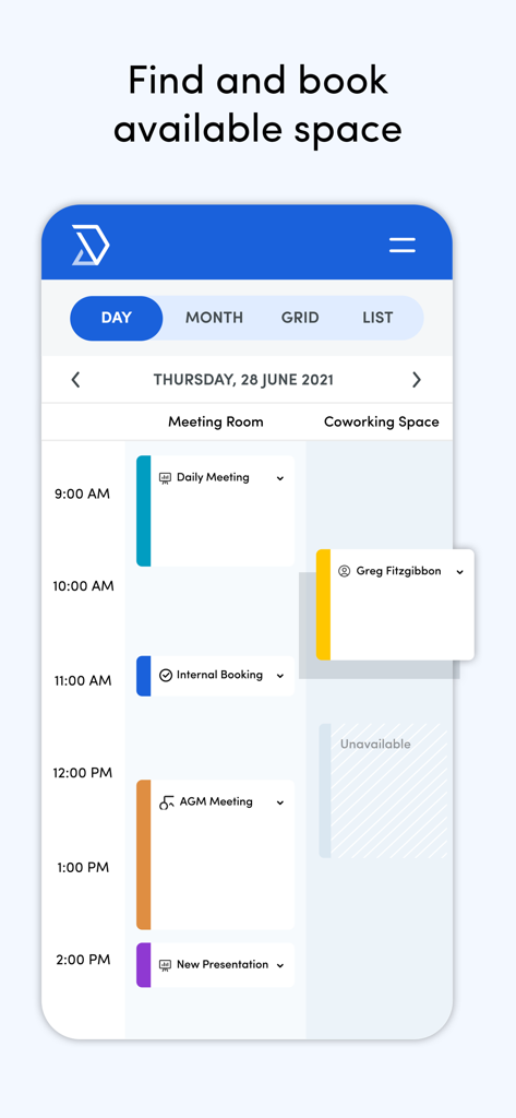 The Skedda mobile app daily calendar interface showing available and booked time slots for meeting rooms and coworking spaces