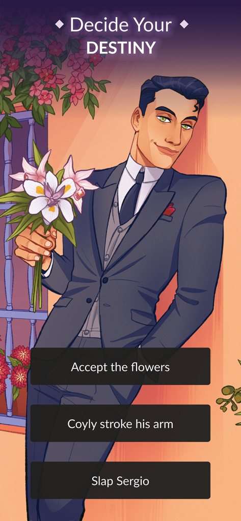 Fictif: Interactive Romance - A scene from the Fictif interactive romance game showing character Sergio holding flowers with player choices on screen.