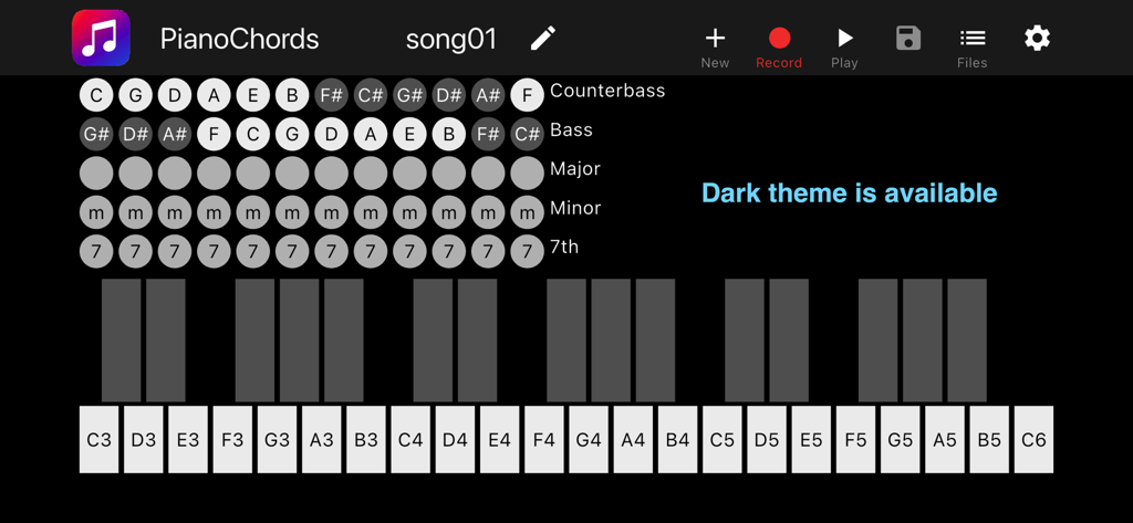 Piano Chords: keys + accordion - Oberfläche der Piano Chords App, die ein Klavier-Keyboard und Stradella-Akkordeon-Akkordtasten im Dunkelmodus zeigt.