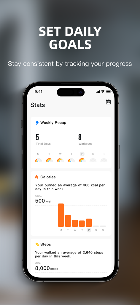 FitShow app stats dashboard displaying weekly workout summary calorie burn and daily step progress