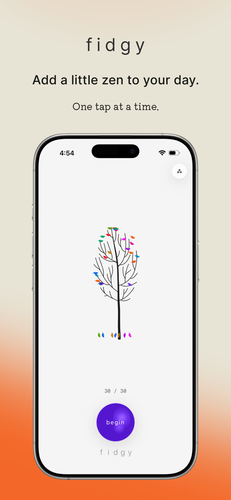 fidgy ~ mindful play - Start screen of the fidgy app showing a minimalist tree and a begin button