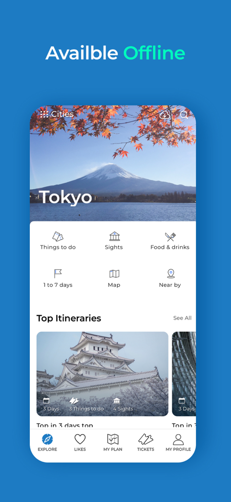 Visit A City - Visit A City mobile app interface showing a Tokyo travel guide with offline access and top itineraries.