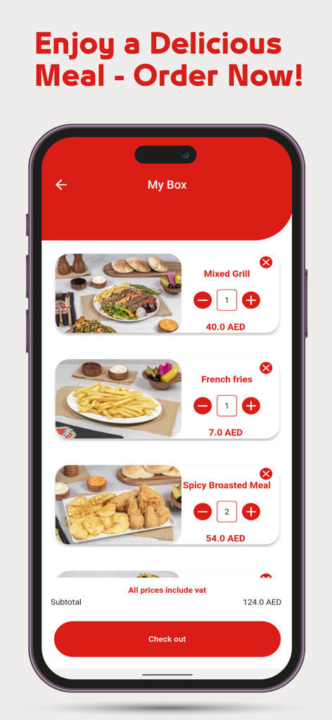 Pantalla de pago de la app del Restaurante Laffah mostrando artículos de comida en el carrito como parrillada mixta y pollo broaster picante