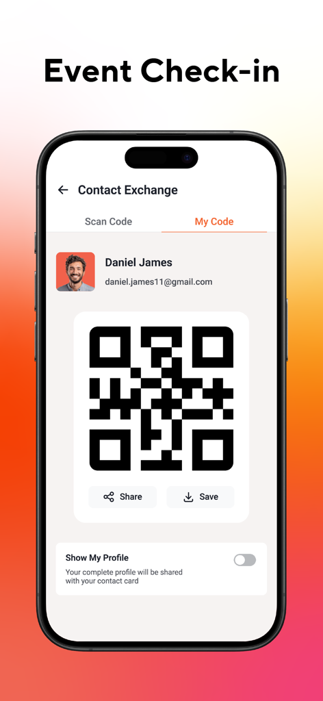 vFairs app screen showing a professional contact exchange interface with a digital QR code for event check-in and networking.