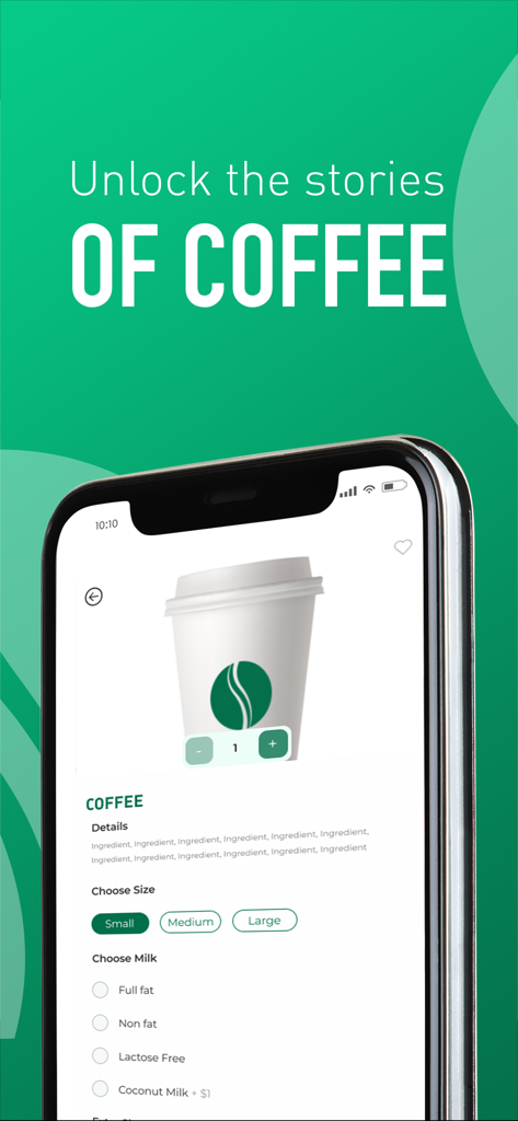Stories Coffee Shop - Interfaz de la aplicación Stories Coffee Shop para personalizar el tamaño del café y el tipo de leche