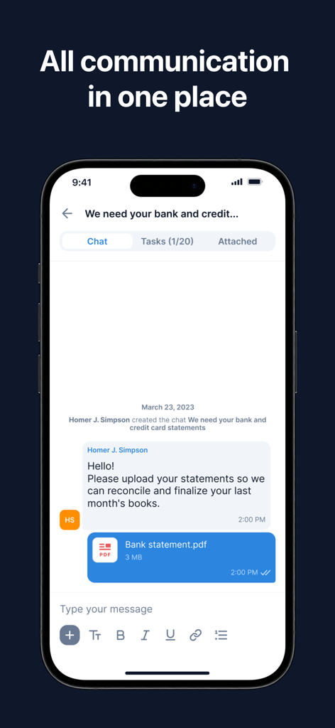 TaxDome Client Portal - TaxDome secure chat interface showing communication between a client and an accountant with a file attachment.