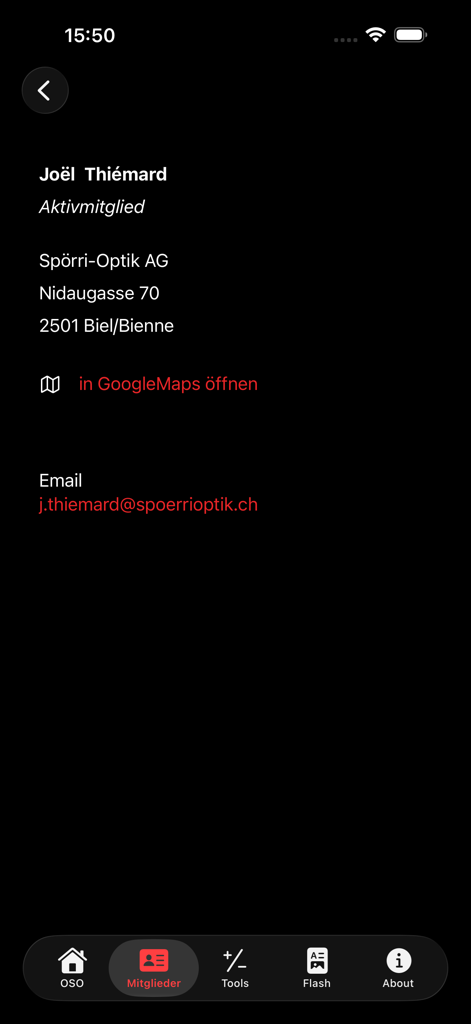 iOSO Optometry Switzerland - Member profile screen in the iOSO Optometry Switzerland app showing contact details for an optometrist including address and email