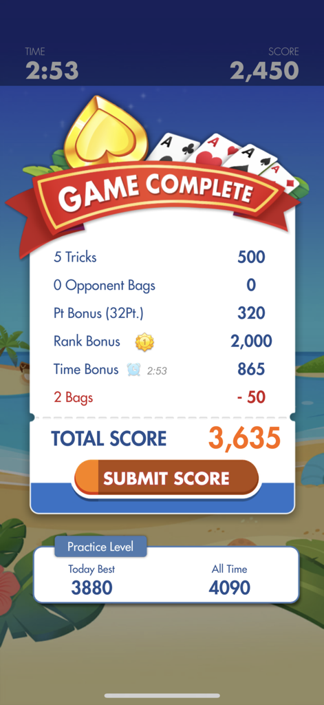 Spades Cash game complete screen showing a total score of 3635 with various bonuses and a submit score button