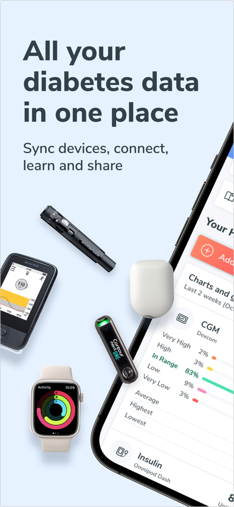 Glooko - Track Diabetes Data - Smartphone showing Glooko app syncing data from various diabetes devices and an Apple Watch