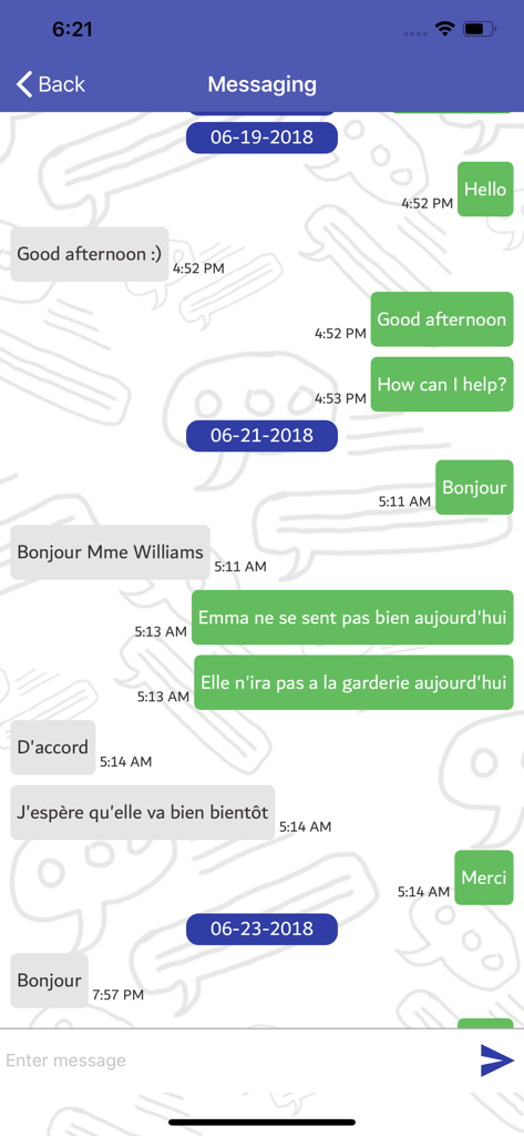 iCare Kids - Messaging-Oberfläche in der iCare Kids App, die einen Chat zwischen einem Elternteil und dem Personal des Kindergartens zeigt