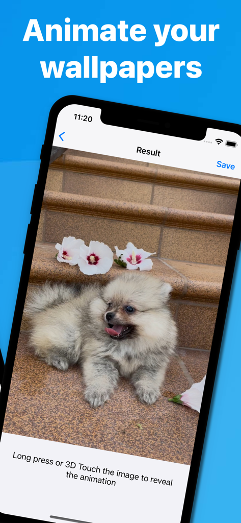 iPhone screen displaying a live wallpaper of a cute puppy on stairs surrounded by white flowers with the text Animate your wallpapers